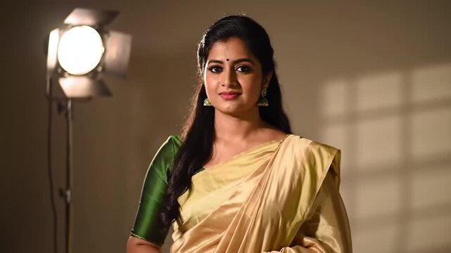 Radiant woman in golden saree poses gracefully