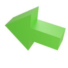 3D illustration of green arrow tilted upwards, isolated on white background, useful for navigation, guidance, and interface design concepts.3D illustration of green arrow tilted upwards, isolated on w