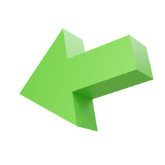 3D render of green arrow pointing left, isolated on white background, ideal for navigation, interface, and direction design elements.