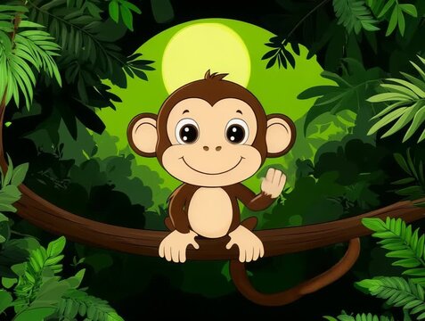 Cartoon Monkey Smiling on a Branch in a Lush Green Jungle Scene