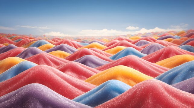 Colorful hillscape of textured, multicolored mounds.
