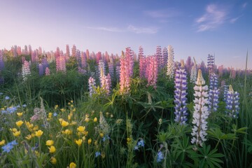 Vibrant lupine field under a soft sunset sky