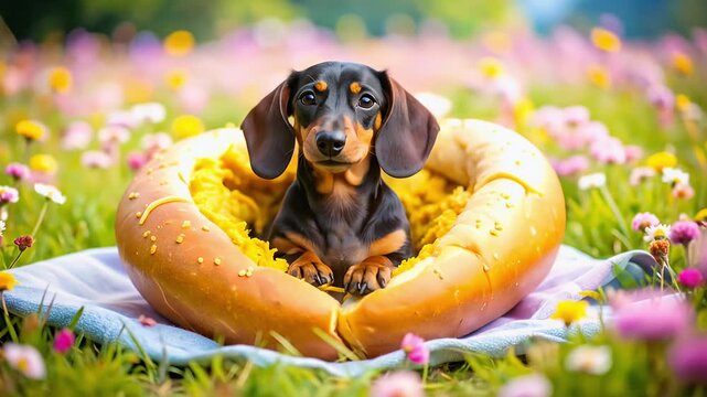 Dachshund dog in giant bread roll