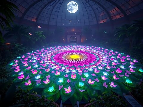 A nighttime scene depicts a dome with a vibrant floral display illuminated by moonlight. - Powered by Adobe