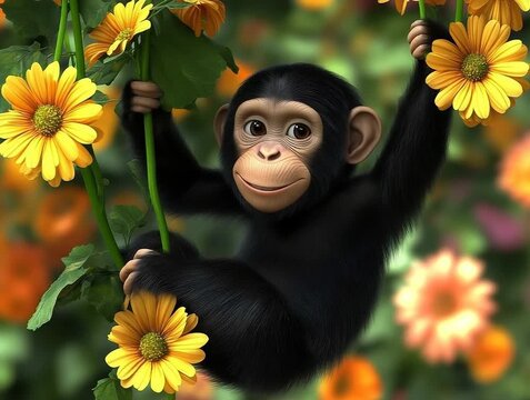 Playful Young Primate Hanging from Yellow Flowers in a Blossoming Garden