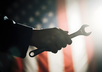 Silhouette of a worker’s hand holding a wrench against the backdrop of the American flag, symbolizing Labor Day in the USA, honoring workers’ dedication, craftsmanship, and the spirit of the American 