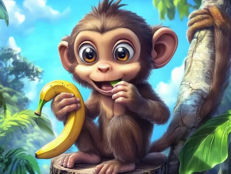 Playful Cartoon Monkey Holding a Banana, Smiling Happily in the Jungle