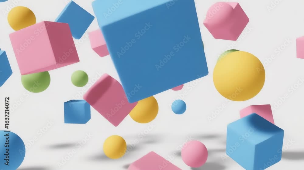 Poster floating pastel-colored spheres and cubes on a white background create a playful and abstract compos