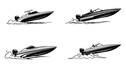 Four Speedboat Illustrations in Black and White with Water Wake