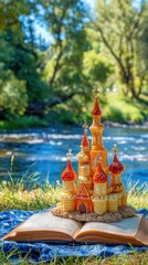 Naklejka premium A handcrafted castle dessert sits atop an open book, nestled amidst a picturesque riverside setting