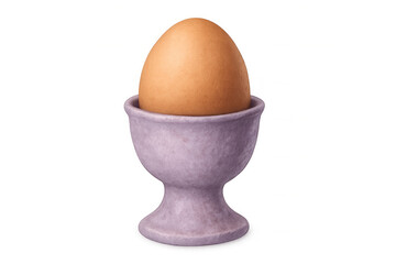 Light brown chicken egg standing in a purple ceramic egg cup on a transparent background, ready for breakfast
