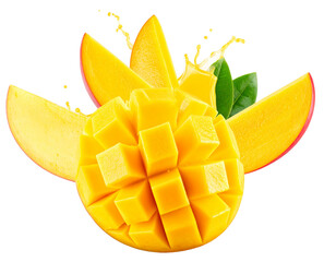 Flying Ripe Mango with Juicy Slices and Splash Effect, isolated on transparent background PNG
