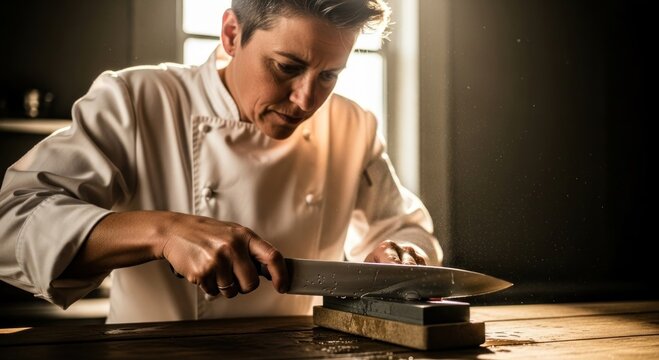 Focused Chef Sharpening Knife Blade on Wetstone in Professional Kitchen