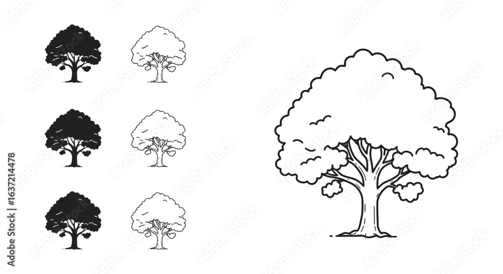 Poster set of tree illustrations in black and white outline style for design projects