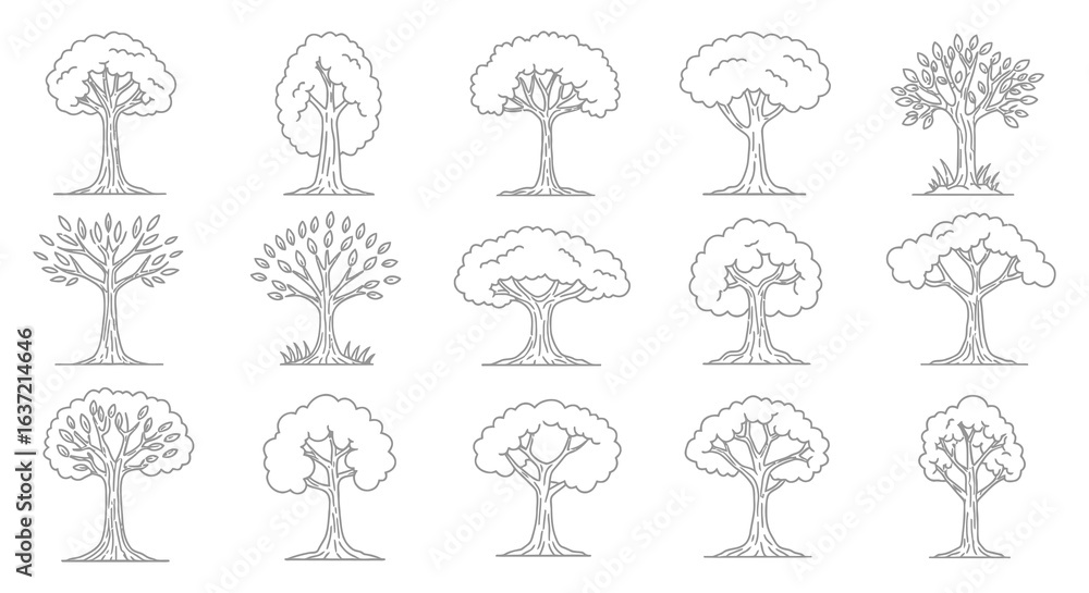 Poster collection of simple line drawing trees for design