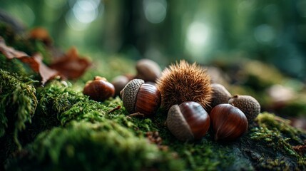 Fototapeta premium Acorns and Chestnuts Among Mossy Forest Floor