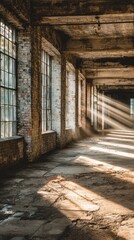 Obraz premium Sunbeams illuminating a sunlit, decaying industrial hallway