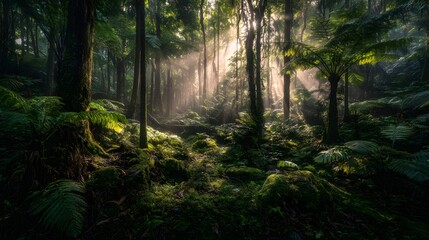 Naklejka premium Sunlight filtering through a lush forest.