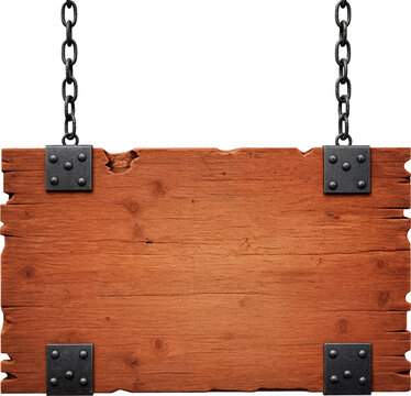 
Rustic wooden sign hanging by chains Placa de madeira r&uacute;stica pendurada por correntes 