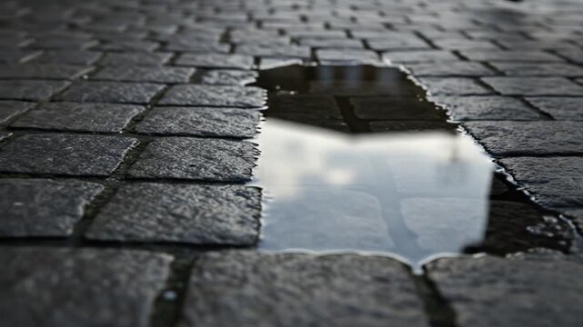 A puddle of water reflecting the sky on a cobblestone street in a close up detailed view outdoors