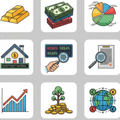 Business / Finance Icon Set (Colorful). Set of Colorful Icons Themed Around Business and Finance like a Bar Graph, Gold Bar, House, Piggy Bank, and Documents. Financial Management, Savings, Investment