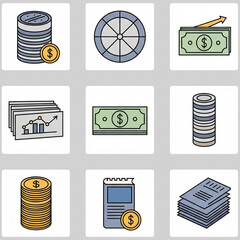 Finance / Business Icon Set (Colorful). Set of Colorful Icons Themed Around Finance and Business like a Gold Bar, Graph, Money, and House. Financial Management, Investment, Real Estate, Global, Succes
