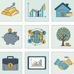 Abstract Business Icon Set (Photo). Photo Background with Abstract Designs and the Text "PROTECT," "GROWTH," and "DIVERSITY." Business, Protection, Growth, Diversity, Finance, Technology.
