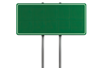 Empty green highway sign.  Blank, rectangular,  roadside signpost,  emerald hue,  metal supports,  isolated