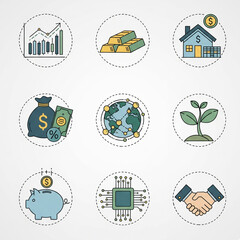 Investment / Finance Items Icon Set (Color). A Set of Color Icons Themed Around Investment and Finance with Money, Documents, a Globe, and a Growing Plant. Investment, Finance, Business, Growth, Asset