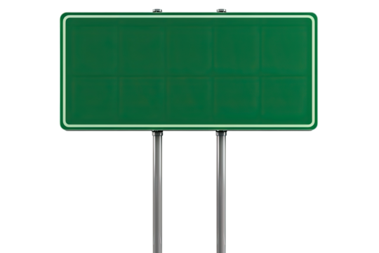Empty green highway sign.  Blank, rectangular,  roadside signpost,  emerald hue,  metal supports,  isolated