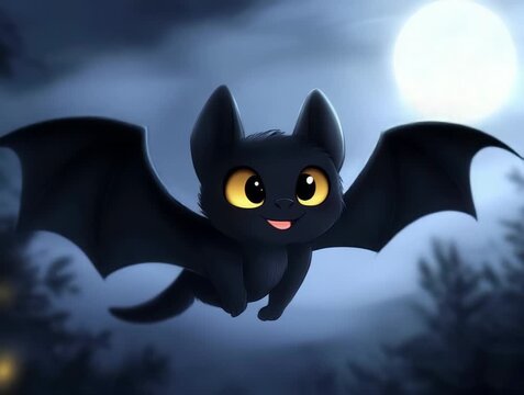 Animated Adorable Bat Flying at Night Under the Full Moon