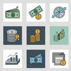 Finance / Business Icon Set (Color). Set of Color Icons Themed Around Finance and Business with Money, Graphs, Pie Charts, and Coins. Finance, Investment, Business, Economy, Data, Idea.
