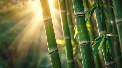 Obraz premium Lush bamboo stalks in a sunlit forest.
