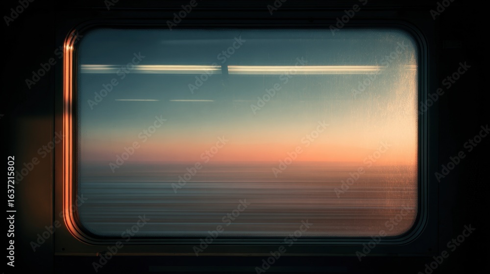 Poster a blurred view through a train window at sunset, featuring soft colors and reflections, creating a s