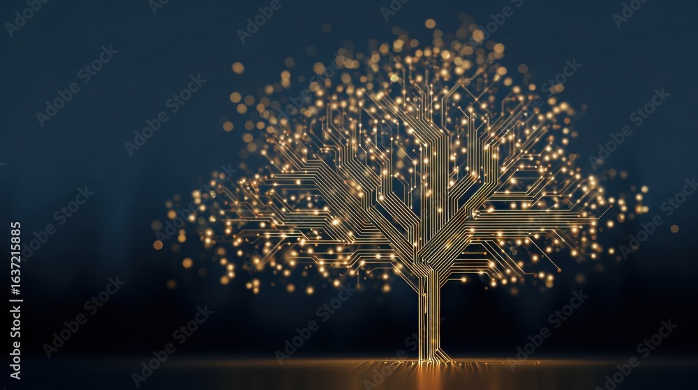 Poster a stylized tree made of circuit patterns, illuminated with glowing lights, symbolizing the fusion of