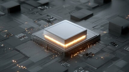 A close-up of a sleek microprocessor on a circuit board, showcasing intricate designs and illuminated features, emphasizing technology and innovation.