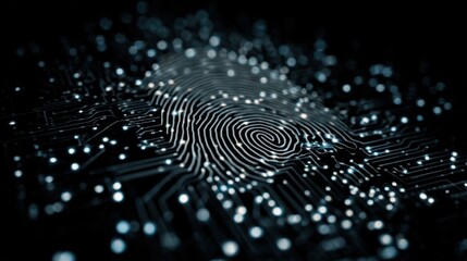 A digital fingerprint overlaid on a circuit board, symbolizing technology, security, and identity in a high-tech environment.