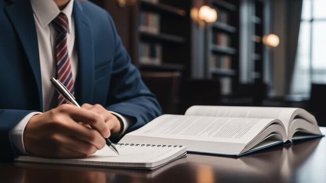 Man in Blue Suit Writing in Notebook Beside Open Law Book on Wooden Desk in Law Office with Bookshelves