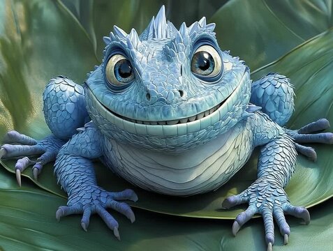 Cartoon Creature Grinning with Big Teeth and Big Eyes on a Leaf