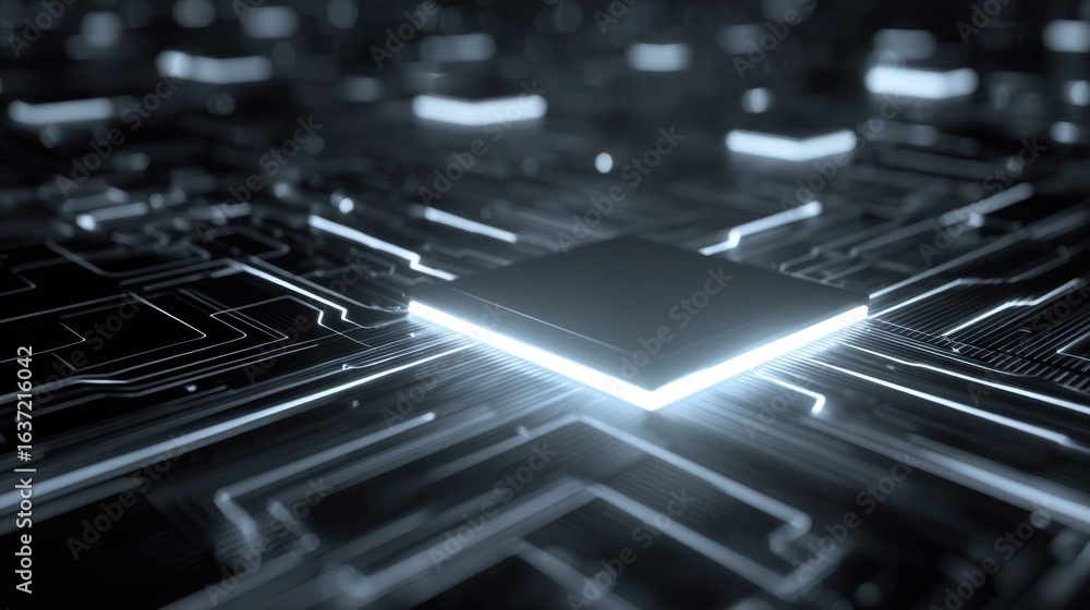 Poster a close-up view of a glowing microchip on a complex circuit board, illustrating advanced technology 