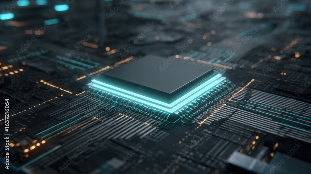Poster a detailed close-up of a microprocessor on a circuit board, showcasing intricate designs and glowing