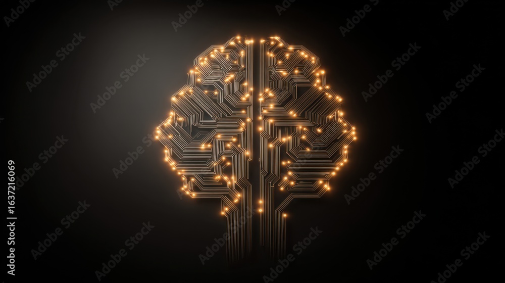 Poster a stylized brain made of circuit board patterns and glowing lights, symbolizing the fusion of techno