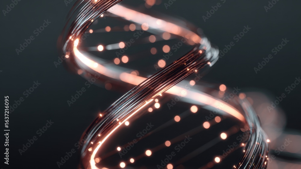 Poster a stylized representation of a dna helix with glowing strands and particles, conveying themes of sci