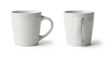 Front and back view of a white ceramic coffee mug with ergonomic handle, pure white background.