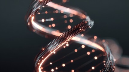 A stylized representation of a DNA helix with glowing strands and particles, conveying themes of science and innovation.