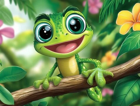 Cartoon Frog Smiling with Big Eyes Perched on a Branch