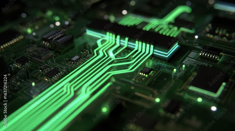Poster a close-up view of a circuit board with glowing green pathways, showcasing intricate electronic comp