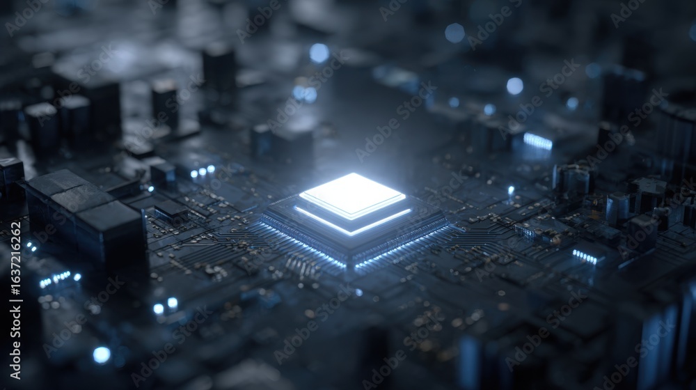 Poster a close-up of a glowing microchip on a dark circuit board, showcasing intricate electronic component