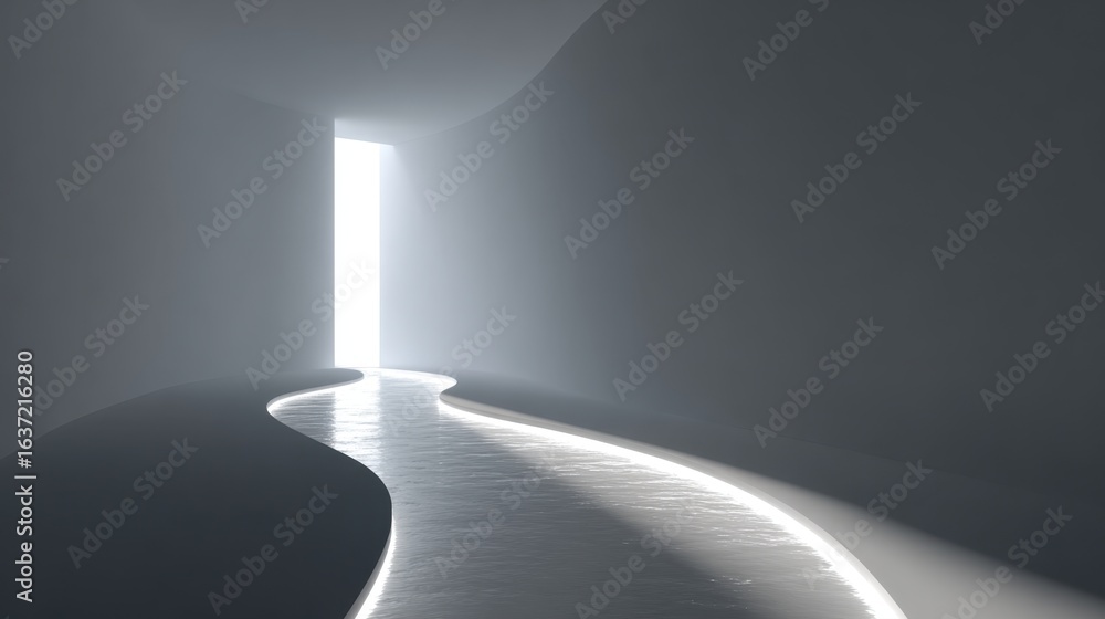 Poster a minimalist corridor with a winding path illuminated by soft light, leading to an open door, creati