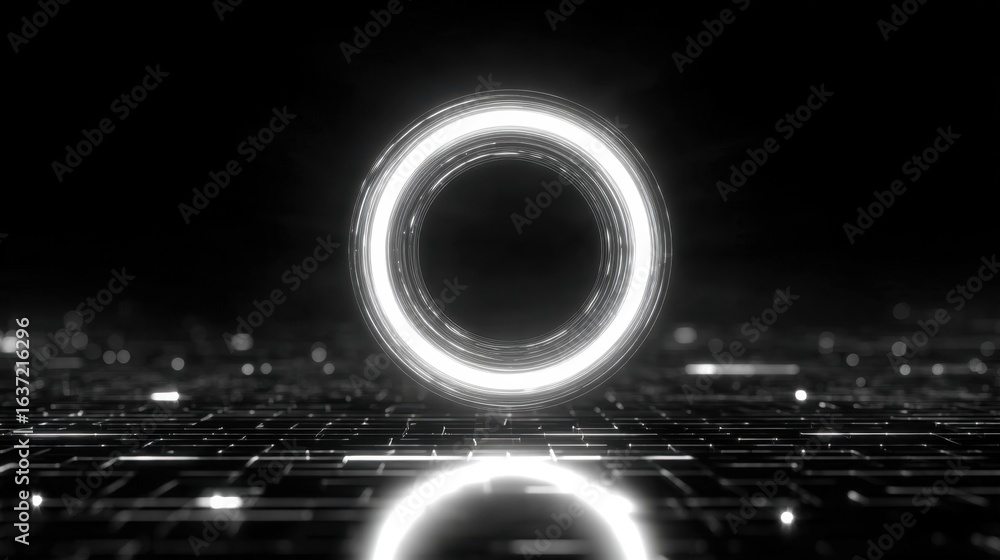 Poster a glowing circular shape hovers in a dark, digital landscape, creating a futuristic and mysterious a
